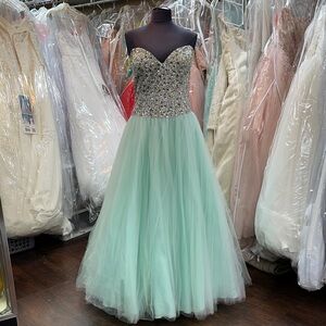 Mint Green Strapless Gown with Silver Embellishments
